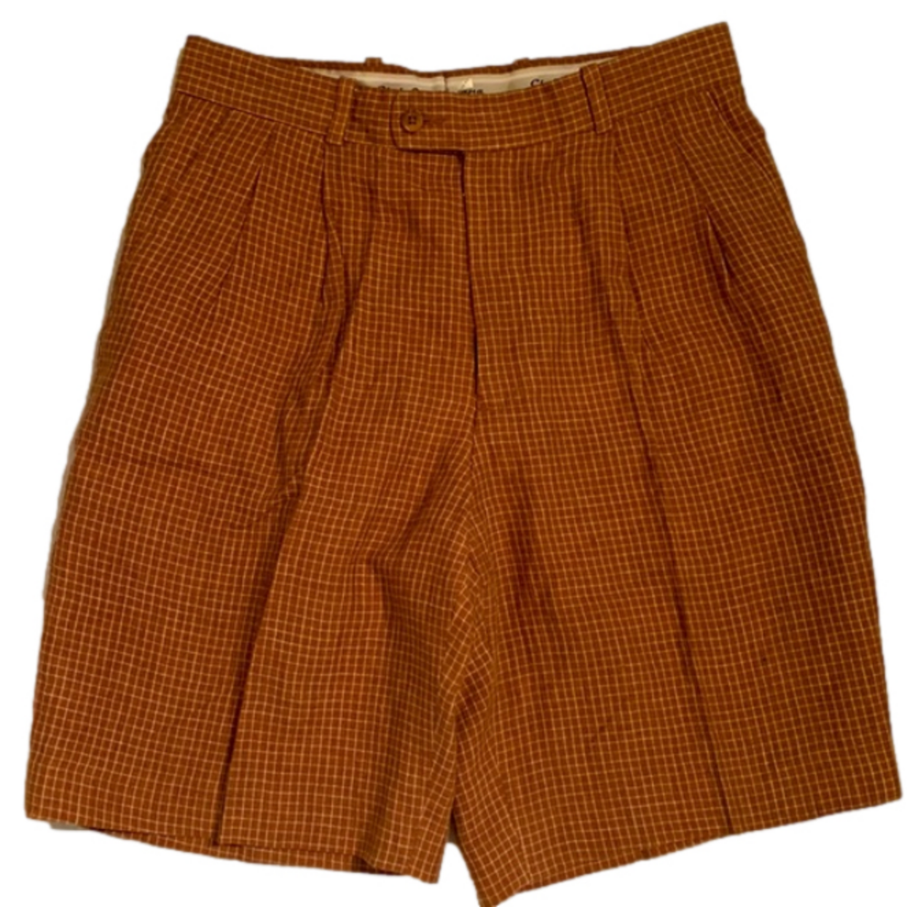 NEW Club Cabana Linen Brown Windowpane Checked Pleated Shorts Men's 32